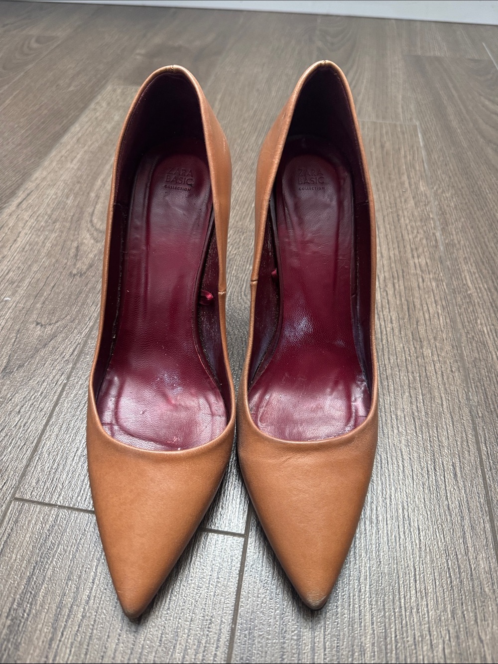 Zara Brown Pointed-Toe Pumps with Burgundy Insole